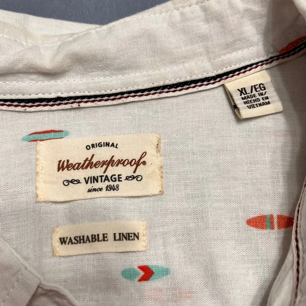 Weatherproof Vintage‎ Mens XL White Surfboard Print Linen Blend Shirt